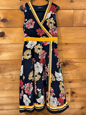 Liza Luxe Medium Navy Floral Faux Wrap Sleeveless Midi Dress